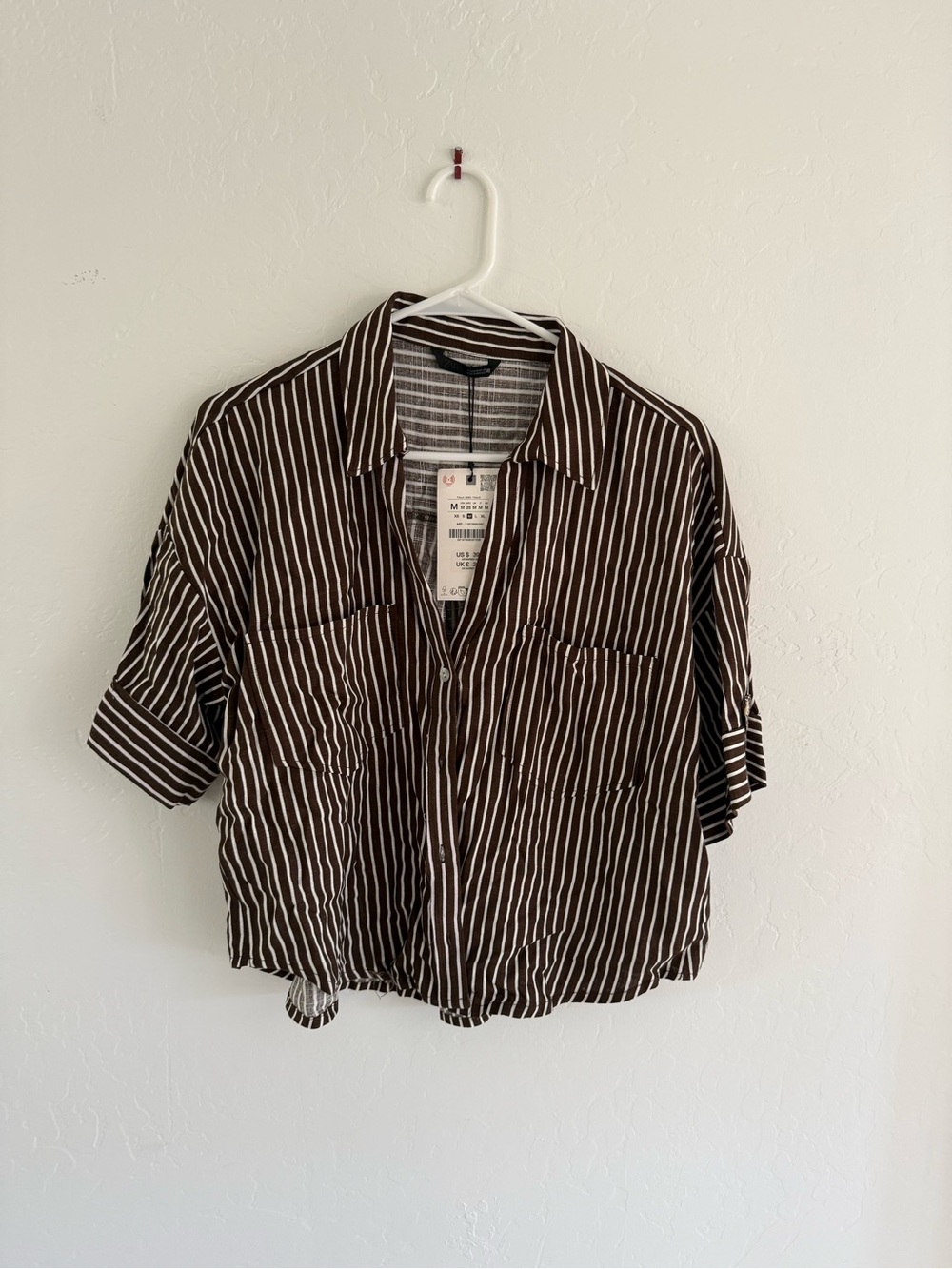 Zara Brown and White Striped Cropped Button-Down Shirt